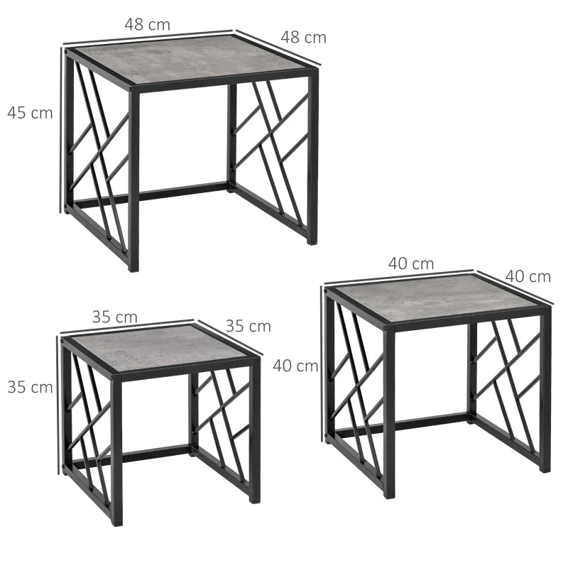 HOMCOM Set of 3 Nest of Tables Square Side Tables with Metal Frame, Grey