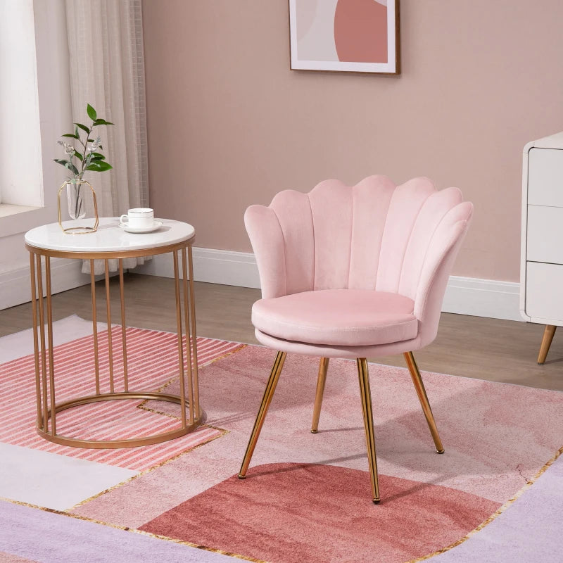 HOMCOM Shell Chair Vanity Chair Velvet Chair Living Room Chair with Golden Metal Legs for Living Room Bedroom and Dining Room 67L x 64W x 77H cm Powder Pink