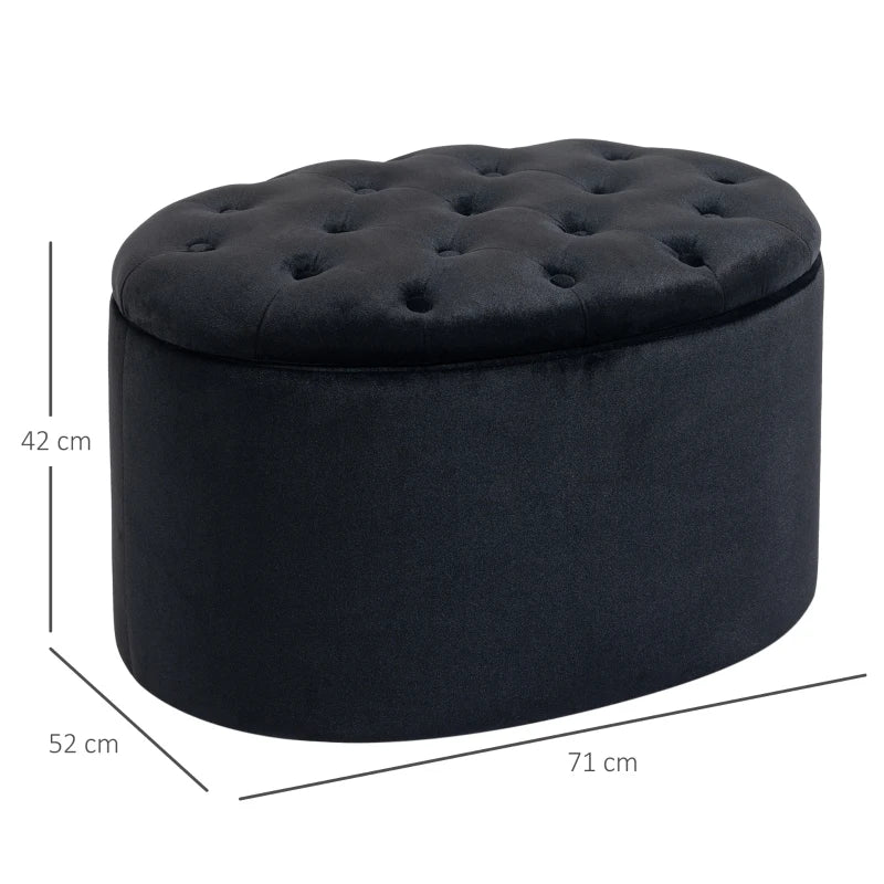 HOMCOM Bench Upholstered Ottoman with Storage Chest Oval Shape Entryway Bedroom Living Room Velvet-like Polyester Black 71 x 52 x 42 cm