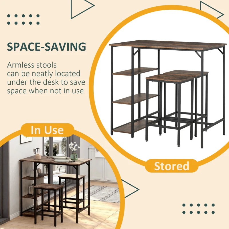 HOMCOM 3 Piece Industrial Bar Table Set, Bar Table with 2 Stools and Side Shelf, Kitchen Table and Chairs for Dining Room, Dinette