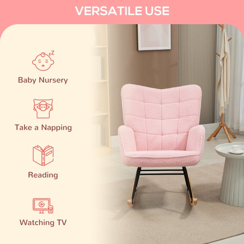 HOMCOM Accent Rocking Chair, Berber Fleece Nursery Glider Rocker, Modern Armchair, Wingback Chair for Living Room, Pink