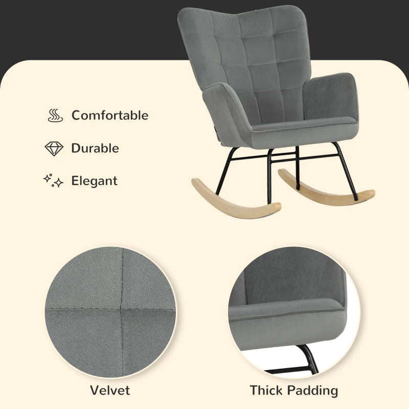 HOMCOM Vintage Rocking Chair, Curved Rockers, Thick Padding, Beechwood & Steel, Dark Gray