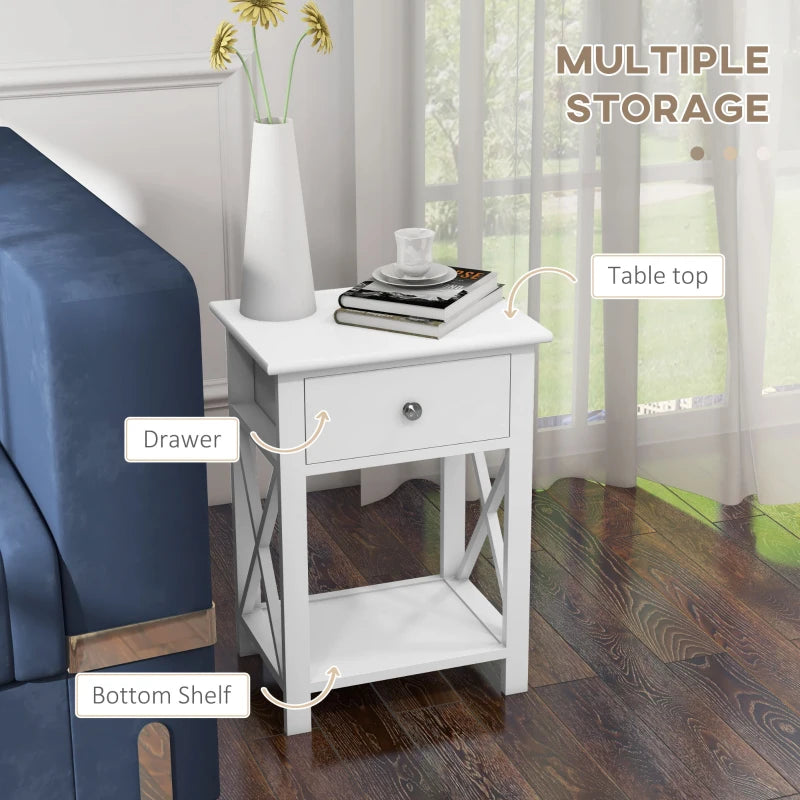HOMCOM Farmhouse End Table, Sofa Side Table with Drawer, Bottom Shelf and X-frames, Bedside Table for Bedroom, White