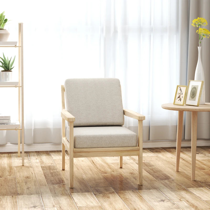HOMCOM Minimalist design lounge chair with wooden structure, 2 removable cushions covered in linen-effect fabric, armrests, beige