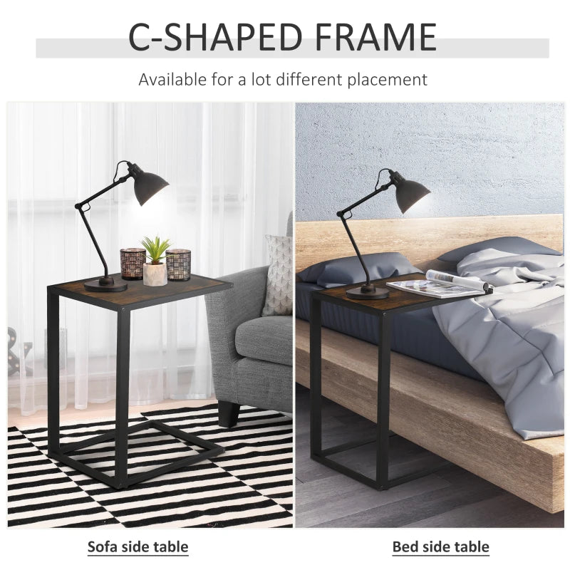 HOMCOM C-Shaped Side Table, Industrial Sofa End Table with Metal Frame and Wood Effect Top, Accent Couch Table for Bedroom, Living room, Rustic Brown