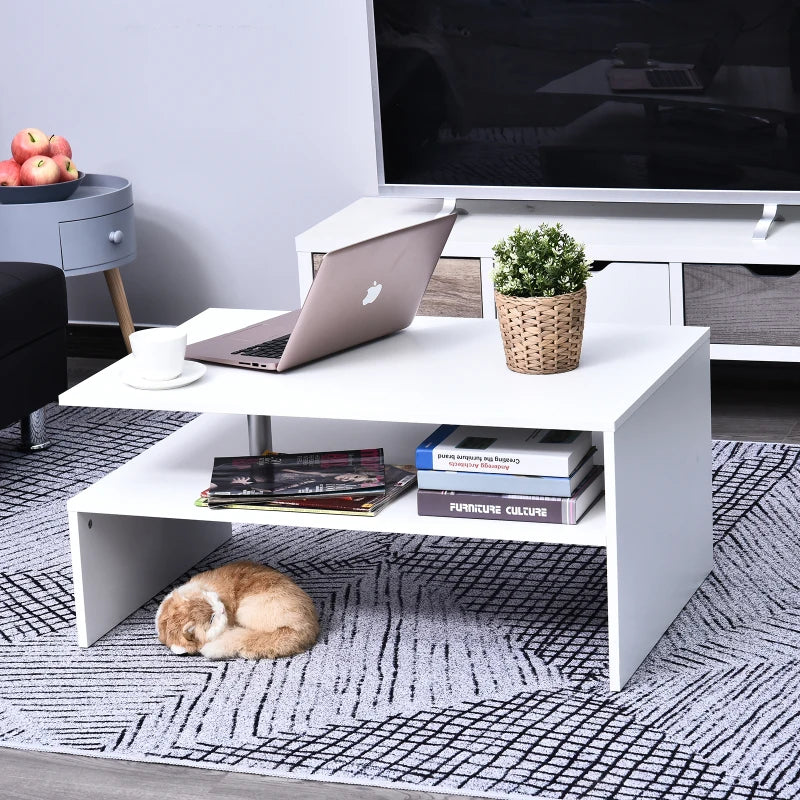 HOMCOM White Wood Coffee Table, 2 Tier Modern Rectangular Open Shelf Desk Living Room