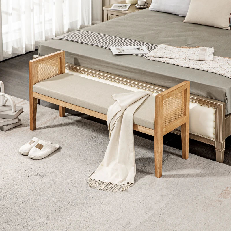 HOMCOM Linen-Look End of Bed Bench with Rattan Armrests and Solid Wood Frame 120 x 38 x 61.5 cm Beige