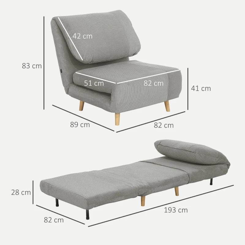 HOMCOM 2-in-1 Sleeper Chair Guest Bed, Adjustable Headrest Corduroy Look Gray 82 cm x 89 cm x 83 cm