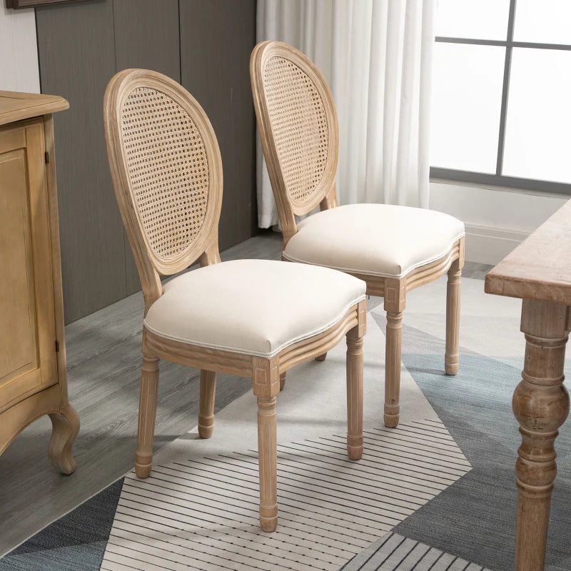 HOMCOM Set of 2 Dining Chairs, Viennese Cane, Solid Wood, 49 cm x 56 cm x 96 cm, Cream White + Natural