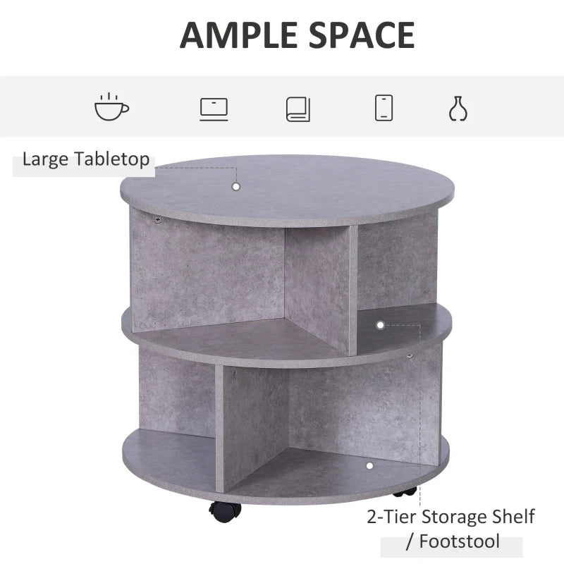 HOMCOM Coffee Table with Wheels, Round, with Storage, 2 Tier, Divider Shelves Lamp Desk Storage