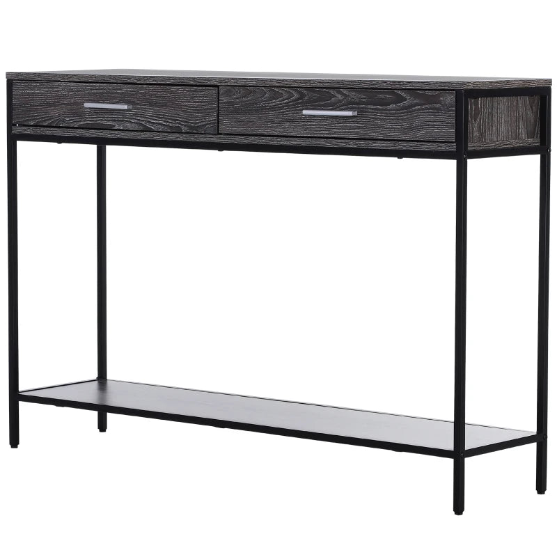 HOMCOM Console Table Worktop Bottom Shelf Home Two Drawer Industrial Minimal Style Grey Wood Tone Effect