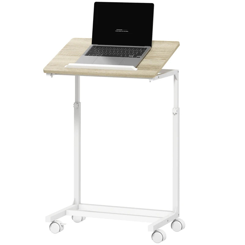 HOMCOM C-Shaped Sofa Side Table, Height Adjustable Overbed Table with Tilting Desktop, Mobile Laptop Desk for Living Room Bedroom, Oak and White
