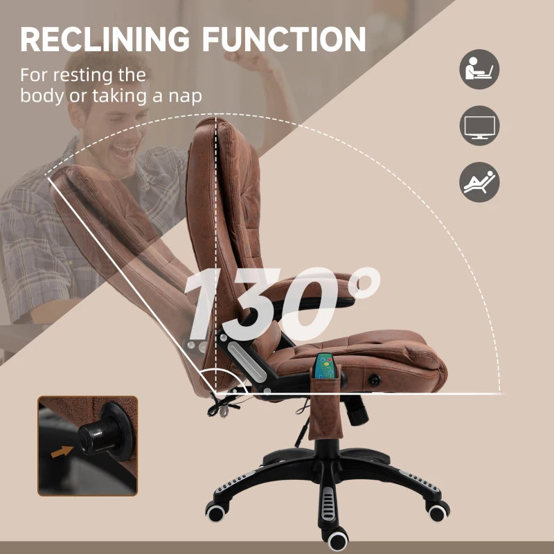 Vinsetto Massage Office Chair Recliner, Ergonomic Gaming Heated Home Office Padded & Swivel Base, Microfiber Cloth, Brown