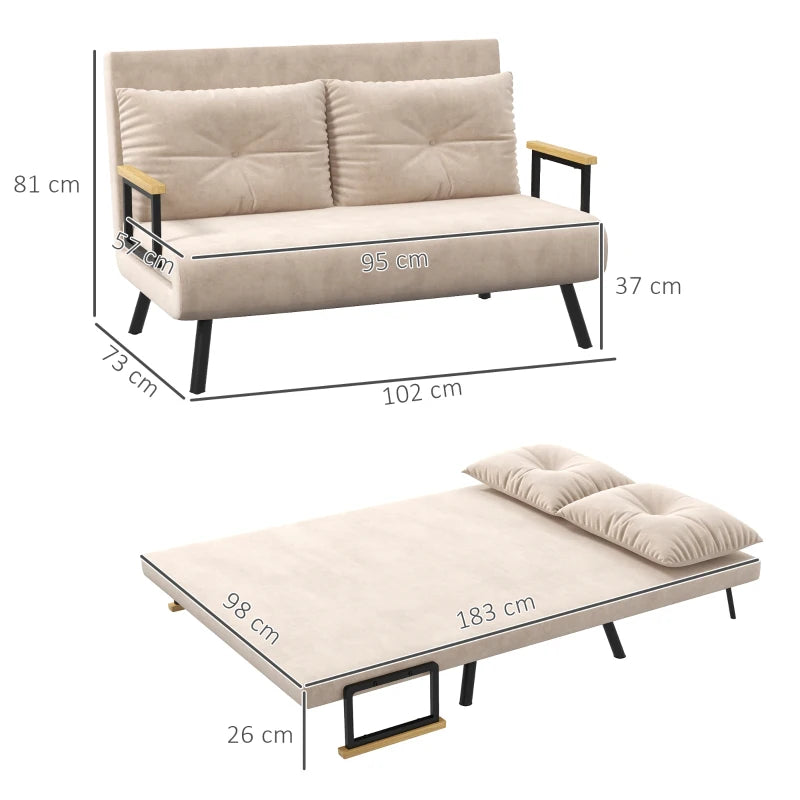 HOMCOM Sleeper Sofa 2-Seater Sofa Velvet Sofa, Sleeper Function, incl. 2 Pillows, Velvety Look, Natural + Beige + Black