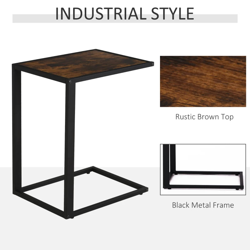 HOMCOM C-Shaped Side Table, Industrial Sofa End Table with Metal Frame and Wood Effect Top, Accent Couch Table for Bedroom, Living room, Rustic Brown