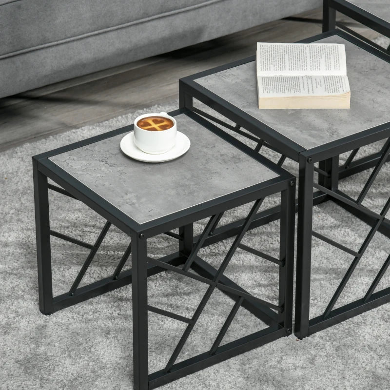 HOMCOM Set of 3 Nest of Tables Square Side Tables with Metal Frame, Grey