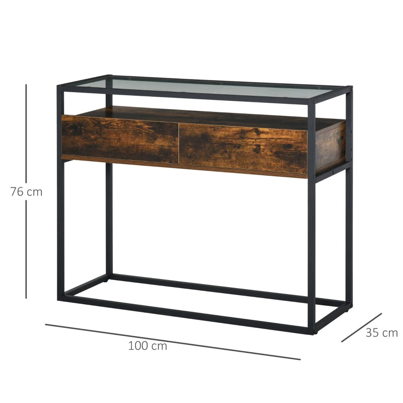 HOMCOM Entryway Console Table Desk with Drawers, Toughened Glass Shelf, 3D Wood Grain