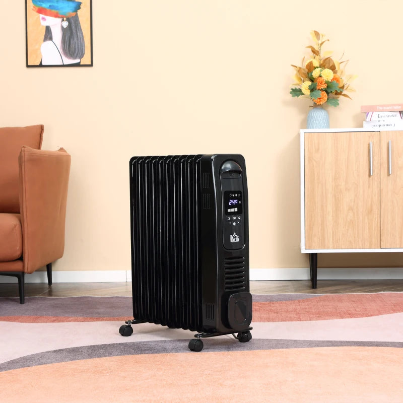 HOMCOM 2500W Digital Display Oil Filled Radiator, 11 Fin Portable Electric Heater with Timer, Adjustable Thermostat, Three Heat settings, Safety Cut Off, Remote, Black