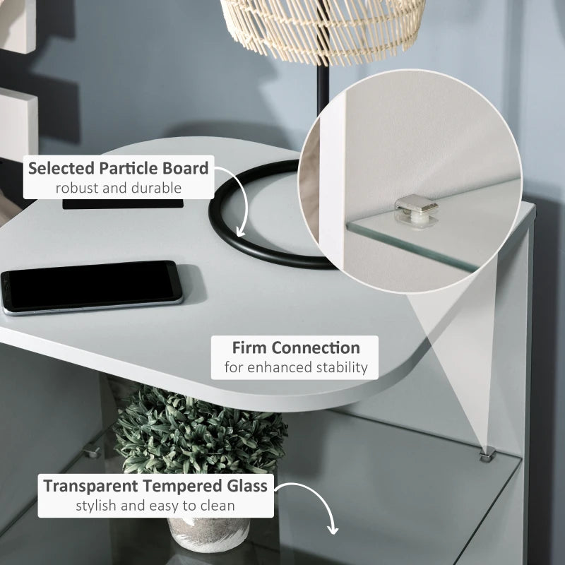 HOMCOM Modern Side Table, 3-tier Bedside Table, Nightstand with 2 Storage Shelves, Glass Shelf for Living room, Bedroom, Corner, Grey