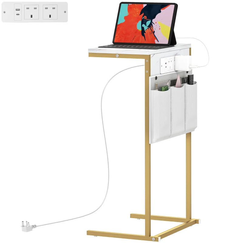 HOMCOM C-Shaped Bedside Table with Charging Station, Marble Grain Side Table with Power Outlets & USB Ports, Storage Bags, for Bedroom, Living Room, White