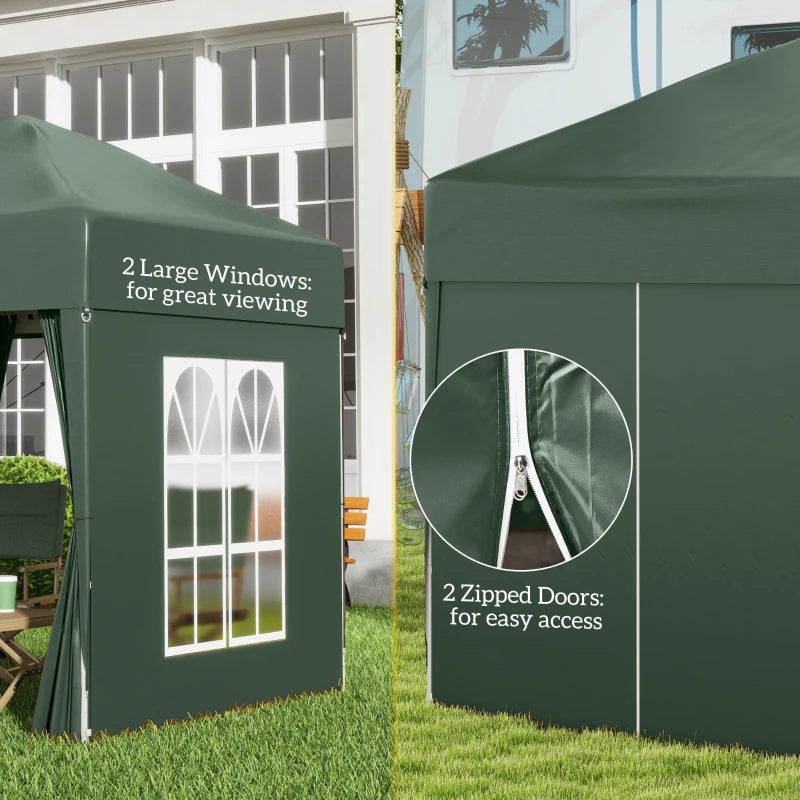 Outsunny 2 x 2m Pop Up Gazebo, w/Side Walls, Windows-Green