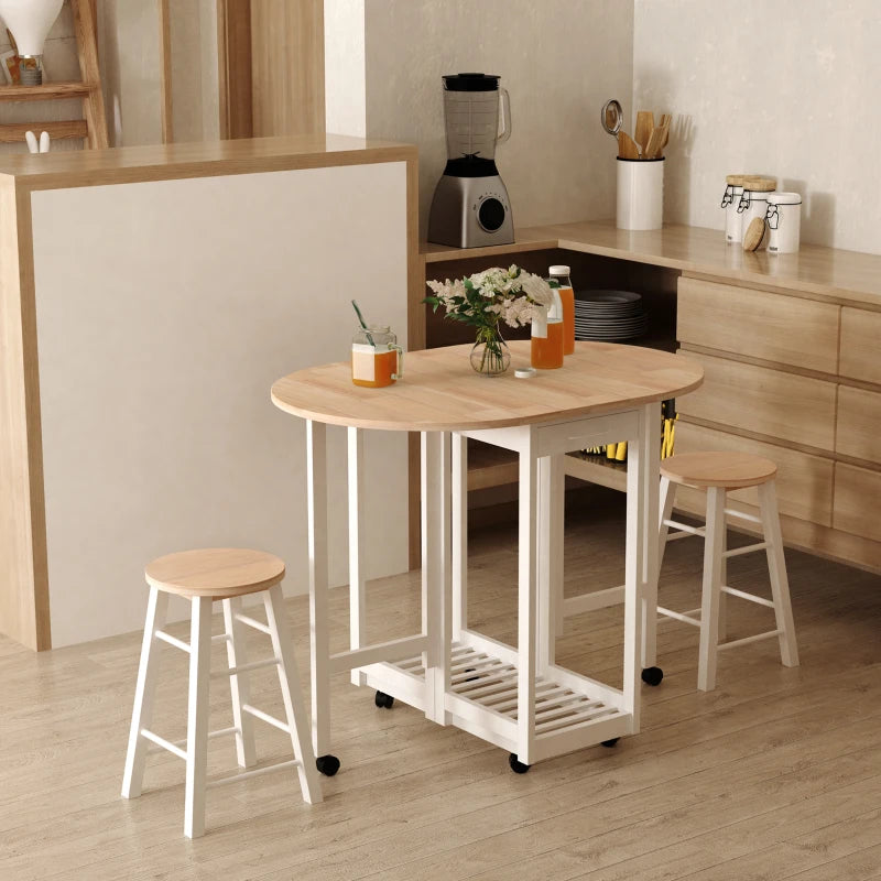 HOMCOM Pine Wood 3-Piece Compact Folding Dining Table with Stools White