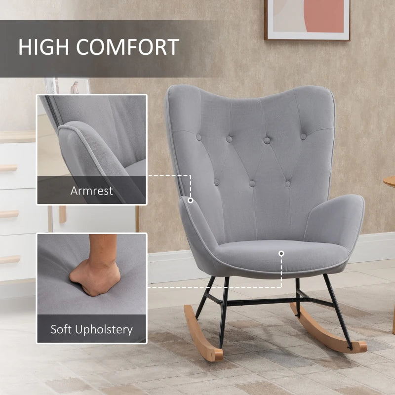 HOMCOM Rocking Chair with Ear Wings Grand Comfort Armrests Seat Backrest High Density Foam Velvet-Like Gray