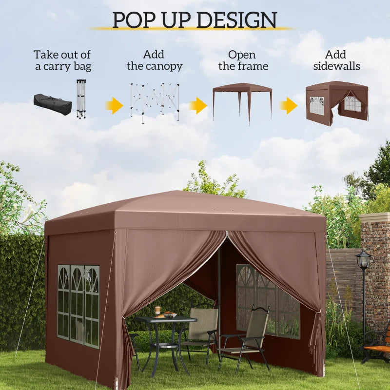 Outsunny 3 x 3 m Pop Up Gazebo, Wedding Party Canopy Tent Marquee with Carry Bag and Windows, Coffee