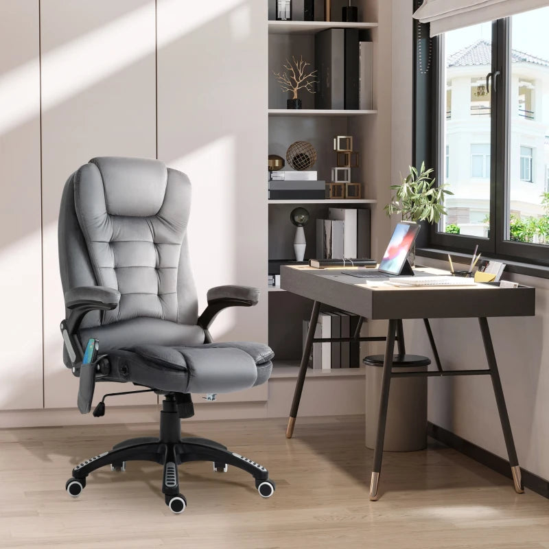 Vinsetto Massage Office Chair Recliner, Ergonomic Gaming Heated Home Office Padded & Swivel Base, Velvet-Feel Fabric, Grey