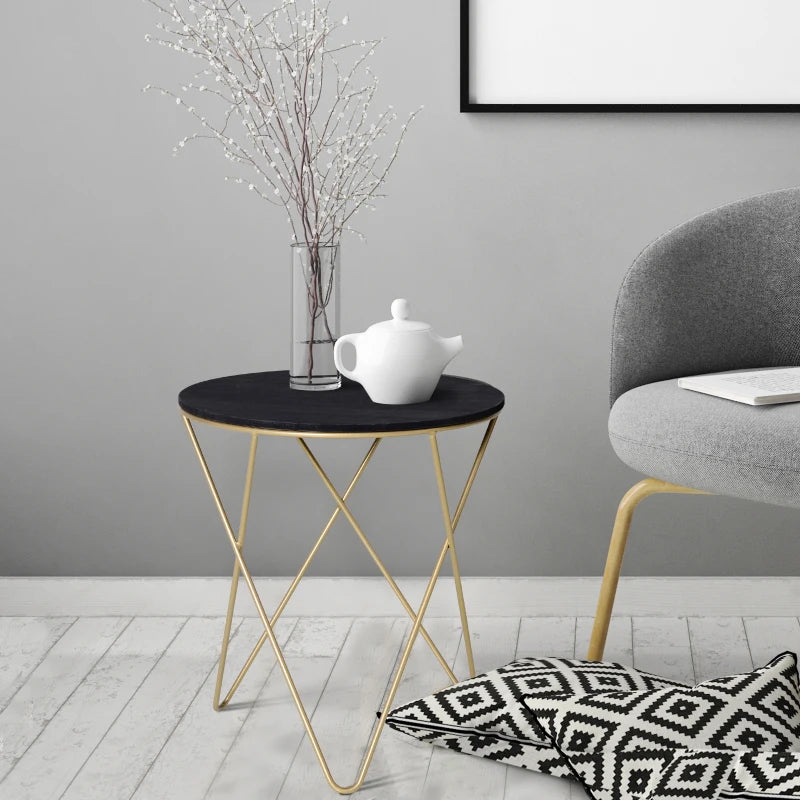 HOMCOM Round End Table, Sofa Side Table with Wood Grain Top and Metal Crossed Legs, Accent Coffee Table for Living Room, Bedroom, Black, Gold Tone