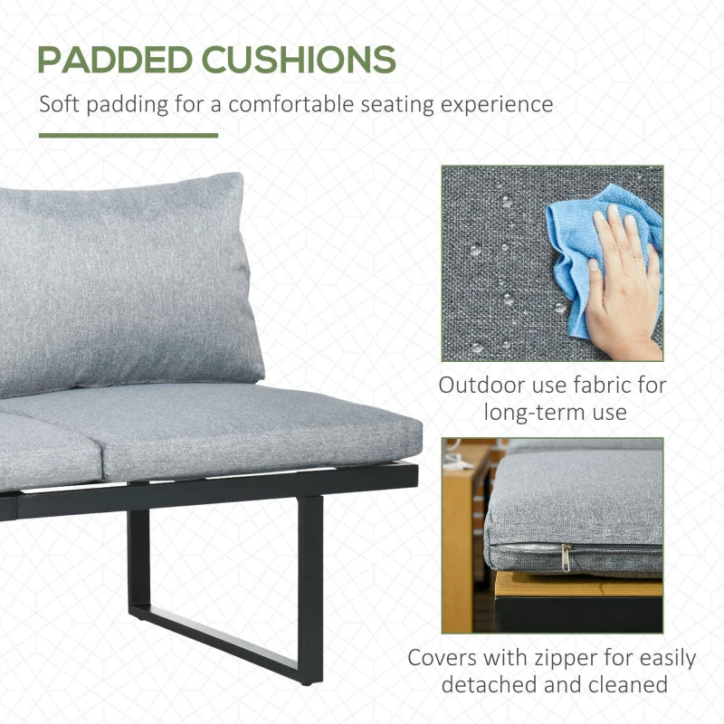 Outsunny 3 Pieces Patio Furniture Set - Outdoor Garden Sofa Conversation Set with Padded Cushions, Wood Grain Plastic Top Table and Side Panel, Dark Grey