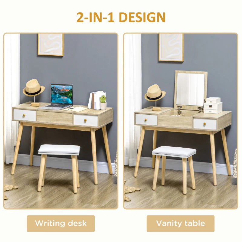 HOMCOM Dressing Table Set with Flip Top Mirror and Cushioned Stool, Makeup Vanity Dressing Table Dresser Desk with 2 Drawers and Storage Grids for Bedroom, Natural