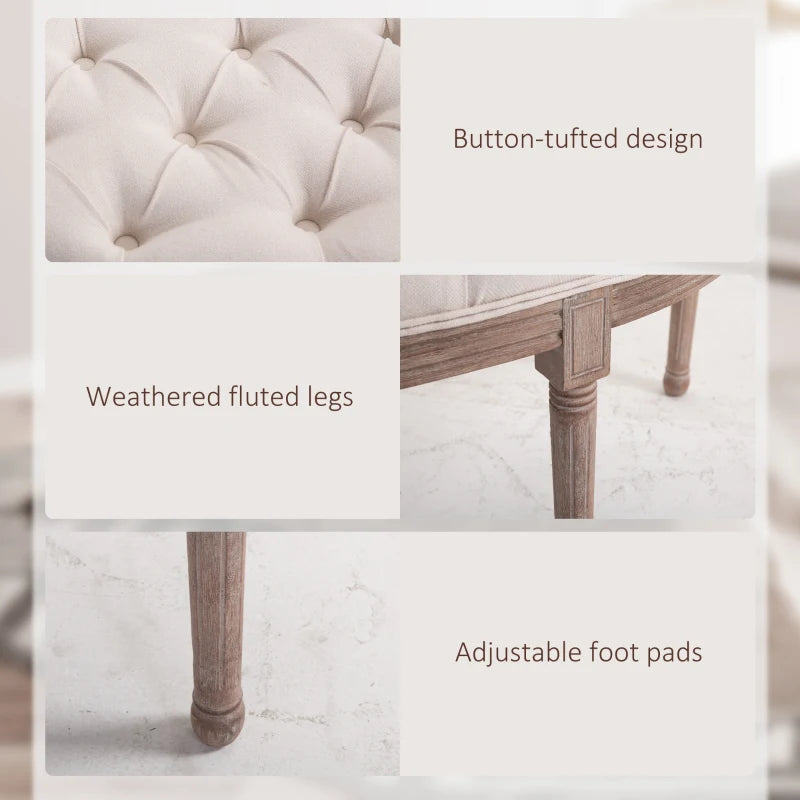 HOMCOM Half-Circle End of Bed Bench, Tufting Ottoman Footstool with Padded Seat and Brushed Wood Base, Antique Window Seat, Cream White