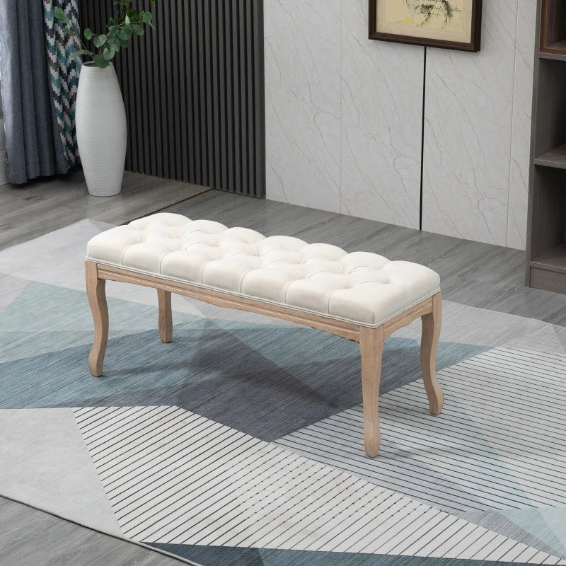 HOMCOM 110cm Upholstered Bench, Linen Fabric Ottoman Stool with Button Tufted Seat, and Rubber Wood Legs for Living Room, Bedroom, or Hallway, Beige