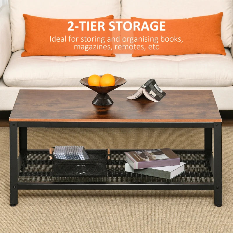 HOMCOM Industrial Coffee Table, 2-tier Coffee Table with Mesh Bottom Shelf and Steel Frame, Retro Living Room Table, Rustic Brown