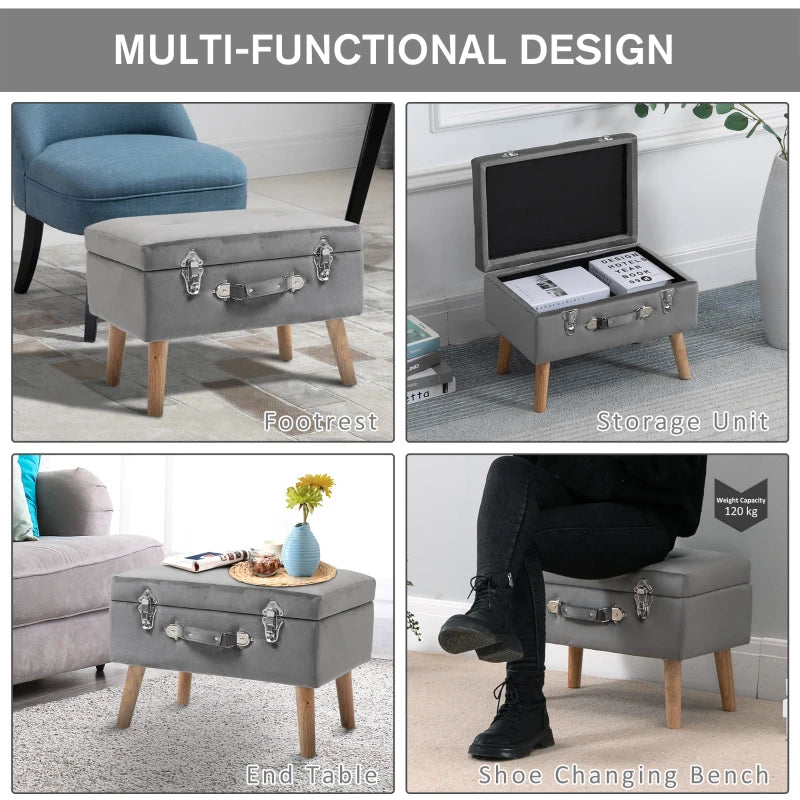 HOMCOM Upholstery Footstool, Velvet Pouffe Storage Trunk, Suitcase Style Ottoman with Wood Legs and Button Tufted Design for Bedroom, Hallway, Grey