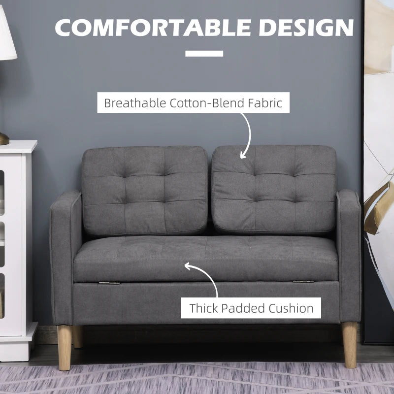 HOMCOM Modern 2-Seater Loveseat Button-Tufted Fabric Couch with Storage Chest, Rubberwood Legs, Grey