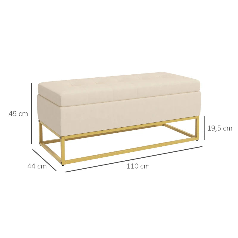 HOMCOM Storage Bench with Upholstered Seat, Decorative Button Tufting, Flannel Look, Gold-tone Steel Legs, 110 x 47 x 46.5 cm