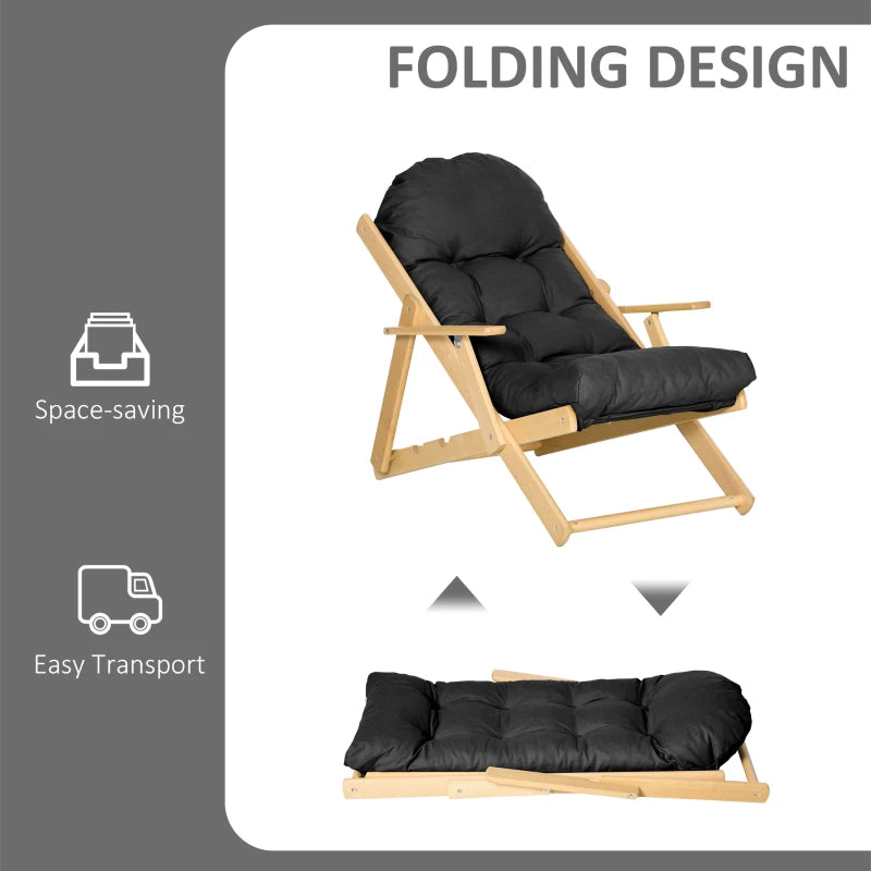 HOMCOM Folding and Reclining Wooden Lounge Chair Comfortable Relaxation Chair with Thick Tufted Cushion