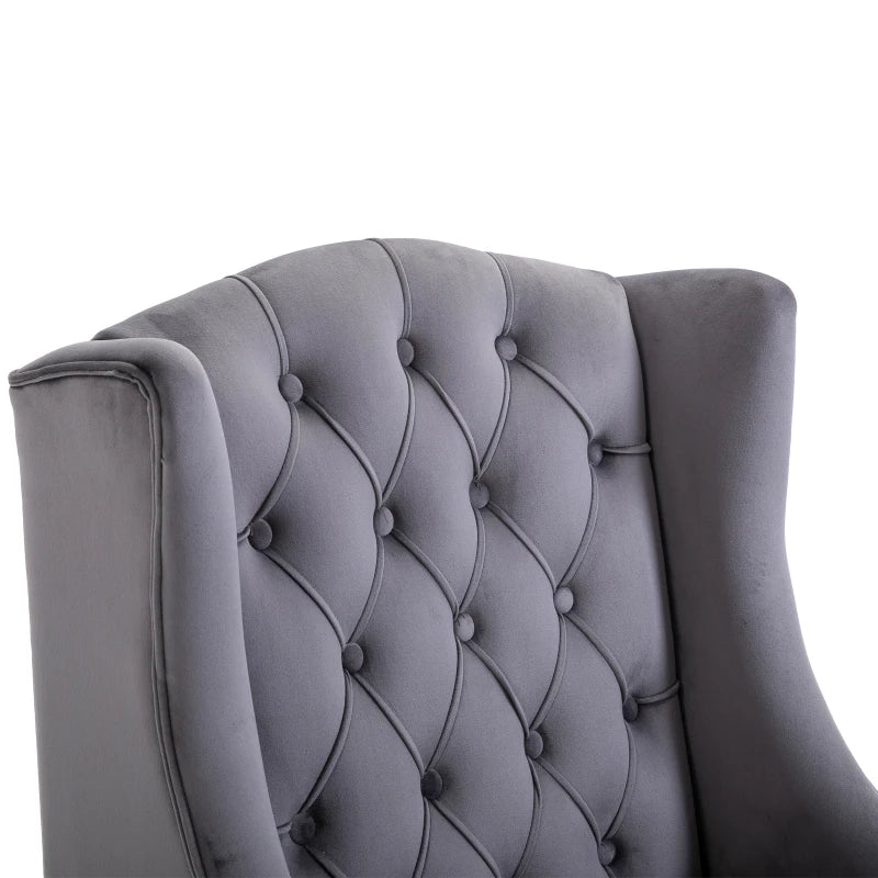 HOMCOM Velvet Fabric Tufted French Style Tall Wingback Accent Chair Home Décor with Extra Wide Seat, Wooden Legs, Grey