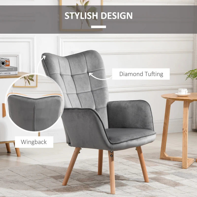 HOMCOM Modern Accent Chair Velvet Tufted Wingback Armchair Upholstered Leisure Club Chair with Wood Legs, Grey