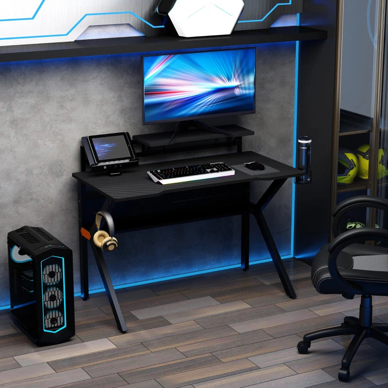 HOMCOM Black Gaming Desk, Metal Frame w/Cup Holder Headphone Hook & Cable Basket