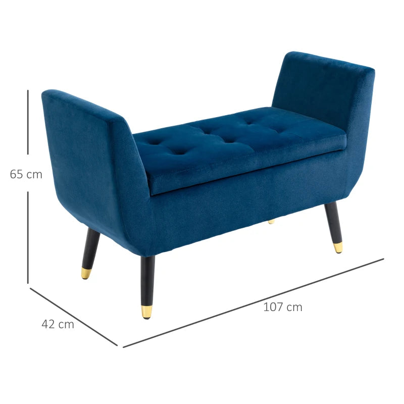 HOMCOM Luxury Ottoman Bench with Storage Armrests Chest Velvet Polyester Rubberwood Blue 107 x 42 x 65 cm
