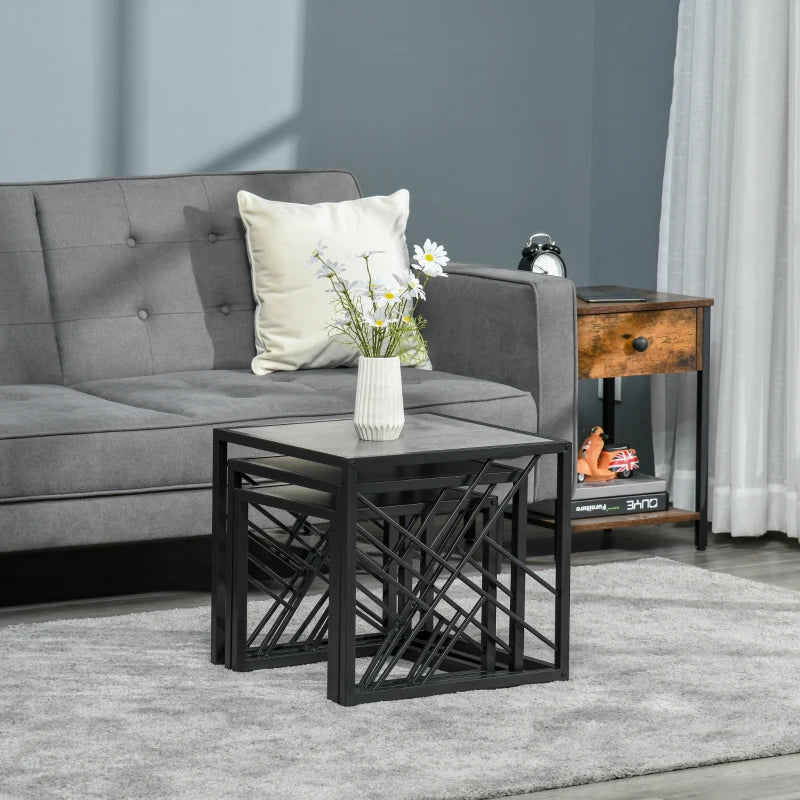 HOMCOM Set of 3 Nest of Tables Square Side Tables with Metal Frame, Grey