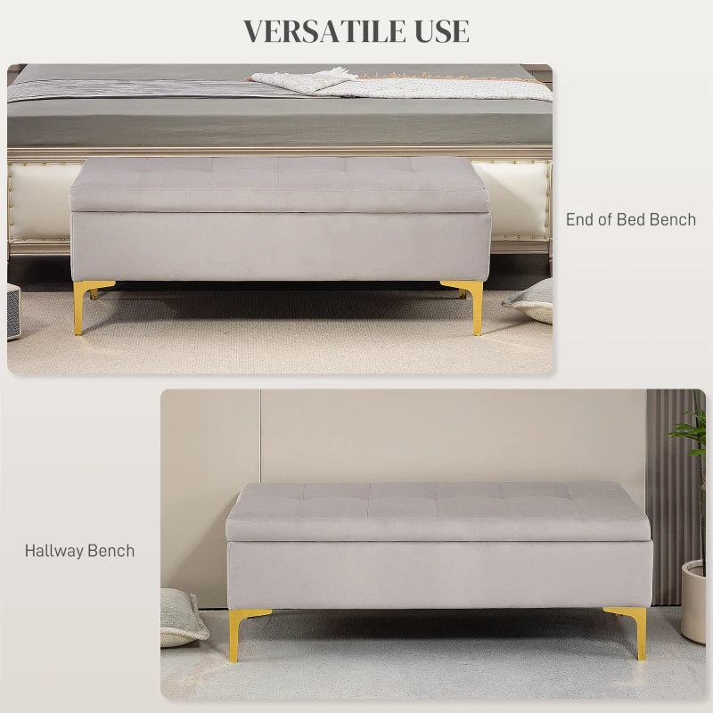 HOMCOM Storage bench tufted seat velvet look 2 in 1 metal legs 120 x 44 x 44.5 cm gray and gold
