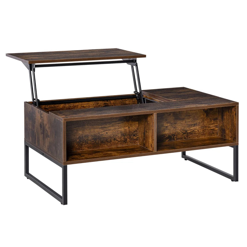 HOMCOM Lift Top Coffee Table, Industrial Coffee Table with Hidden Storage, Drawer and 2 Compartments, Extendable Living Room Table with Metal Frame, Rustic Brown