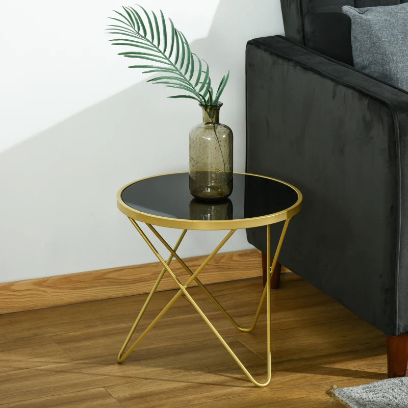 HOMCOM Glass Coffee Table, Round End Side Table, Accent Table with Tempered Glass Top and Golden Metal Legs for Living Room, Bedroom, Black