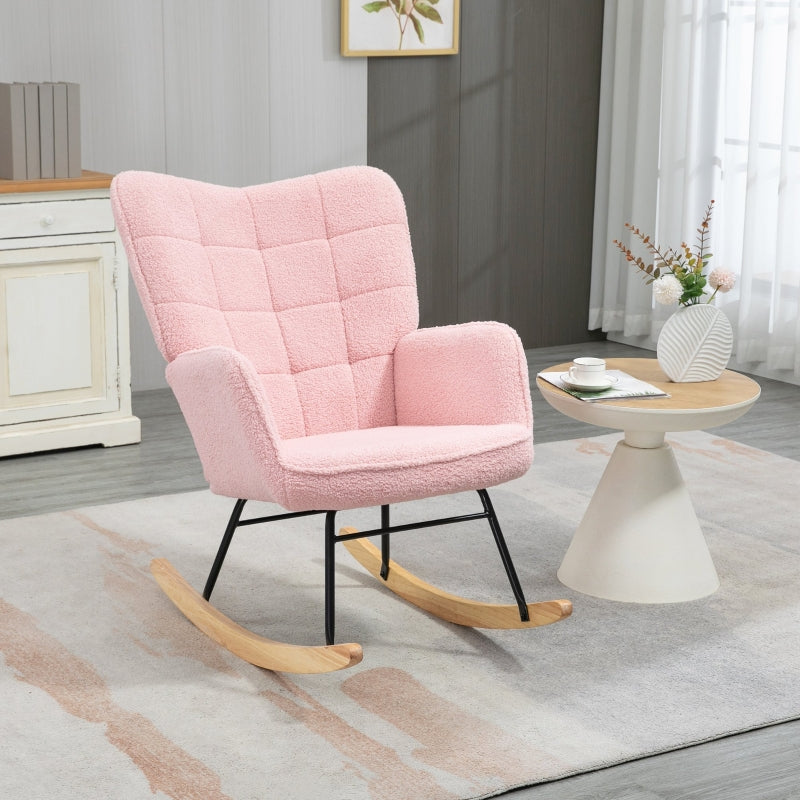 HOMCOM Accent Rocking Chair, Berber Fleece Nursery Glider Rocker, Modern Armchair, Wingback Chair for Living Room, Pink