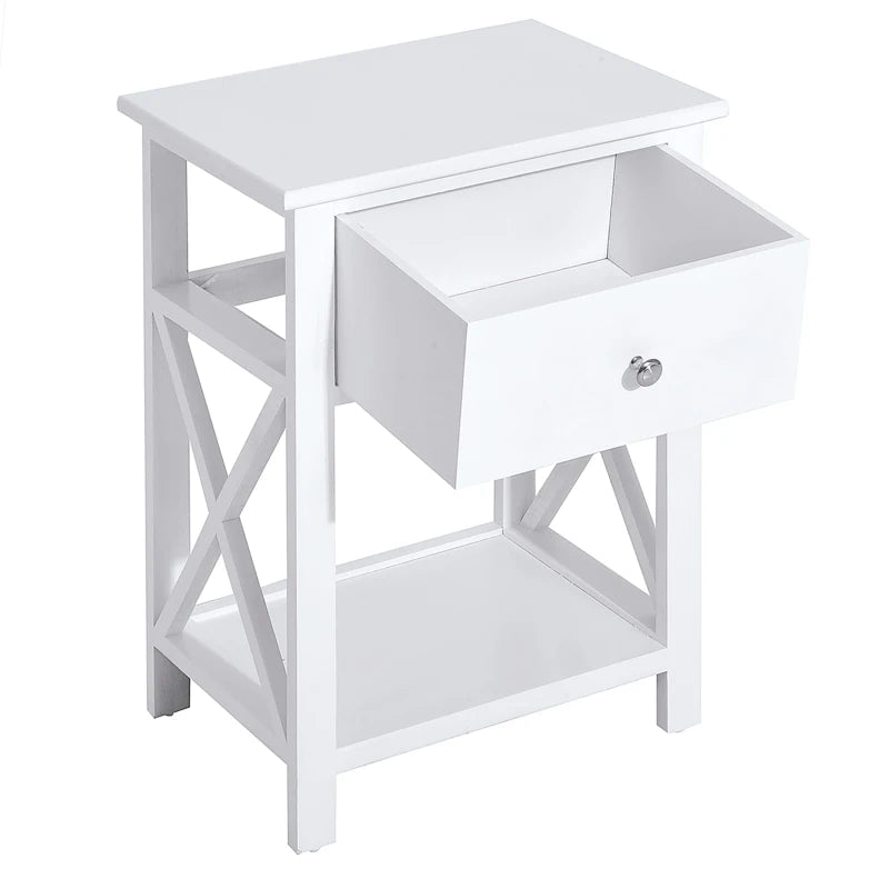 HOMCOM Farmhouse End Table, Sofa Side Table with Drawer, Bottom Shelf and X-frames, Bedside Table for Bedroom, White