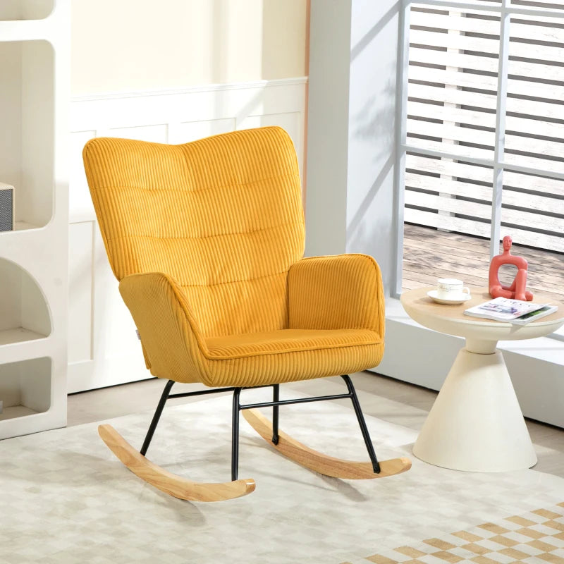 HOMCOM Vintage Rocking Chair, Curved Rockers, Thick Padding, Beech Wood & Steel, Yellow